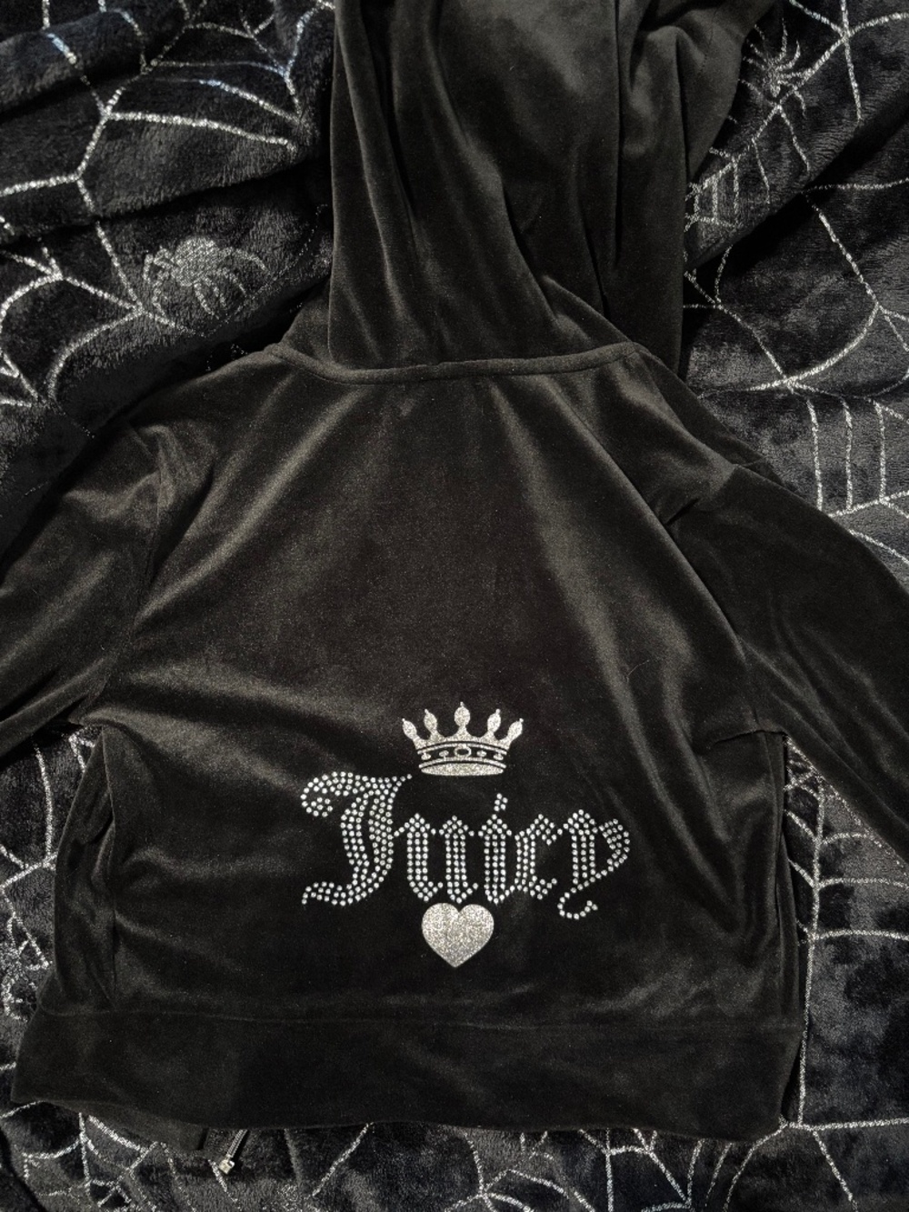 Juicy Couture Velour Cropped Bling Zip Up Hoodie | Black | Size Small